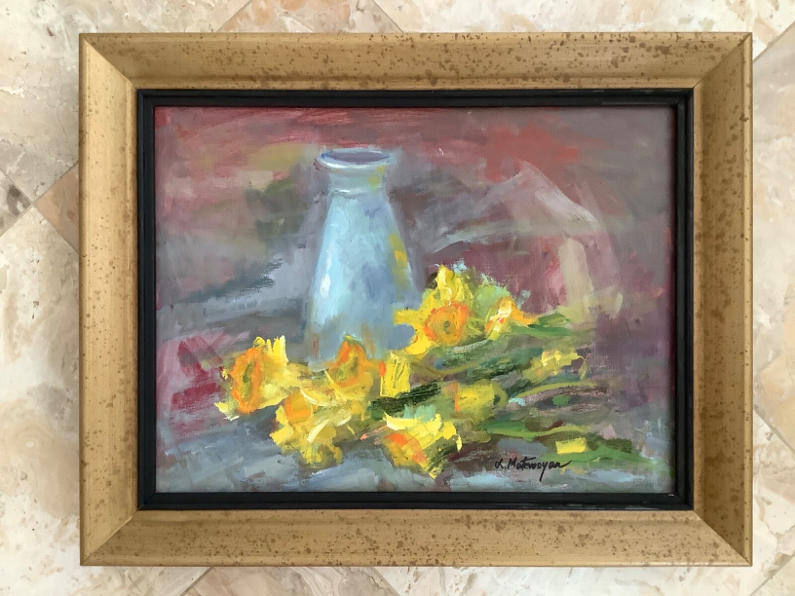Original Framed Impressionism Oil Painting Floral Daffodils Still Life Signed,