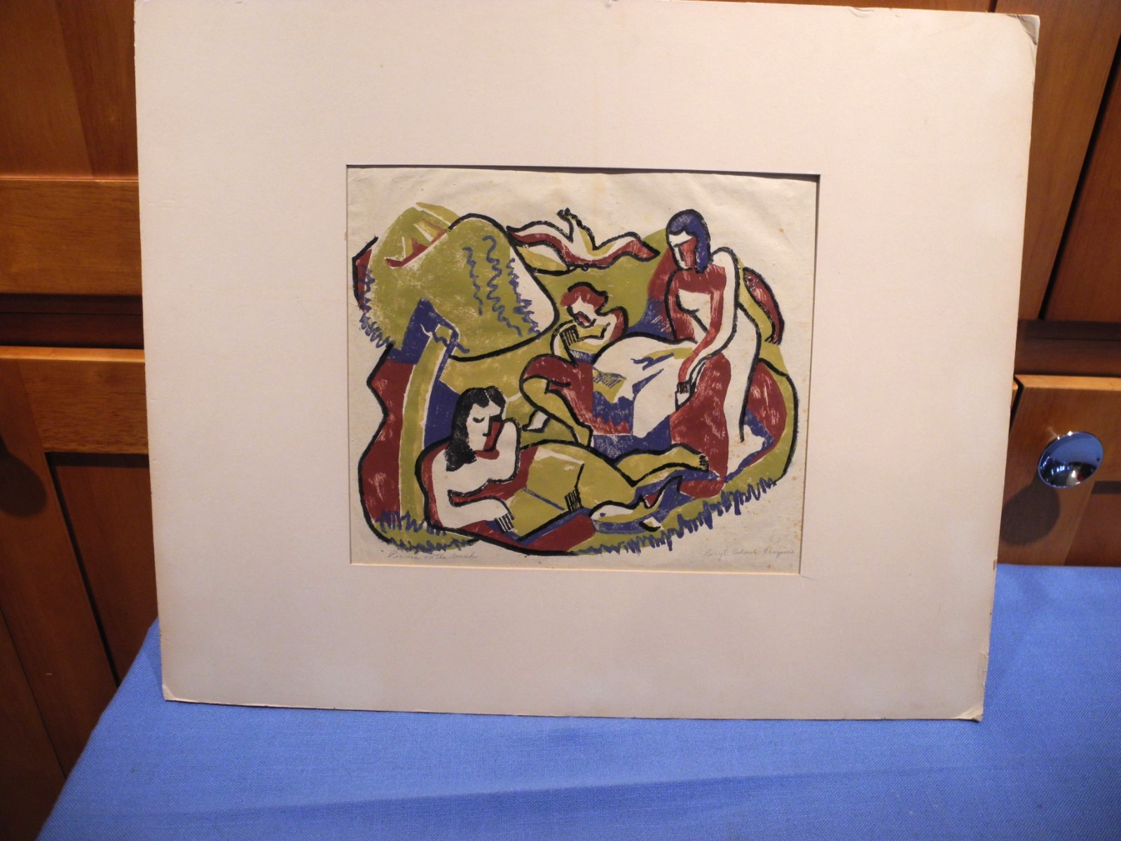 1940’S CUBIST MODERNISM,COLOR BLOCK PRINT»PICNIC ON BEACH»,S,BERYL TREZISE SEA.