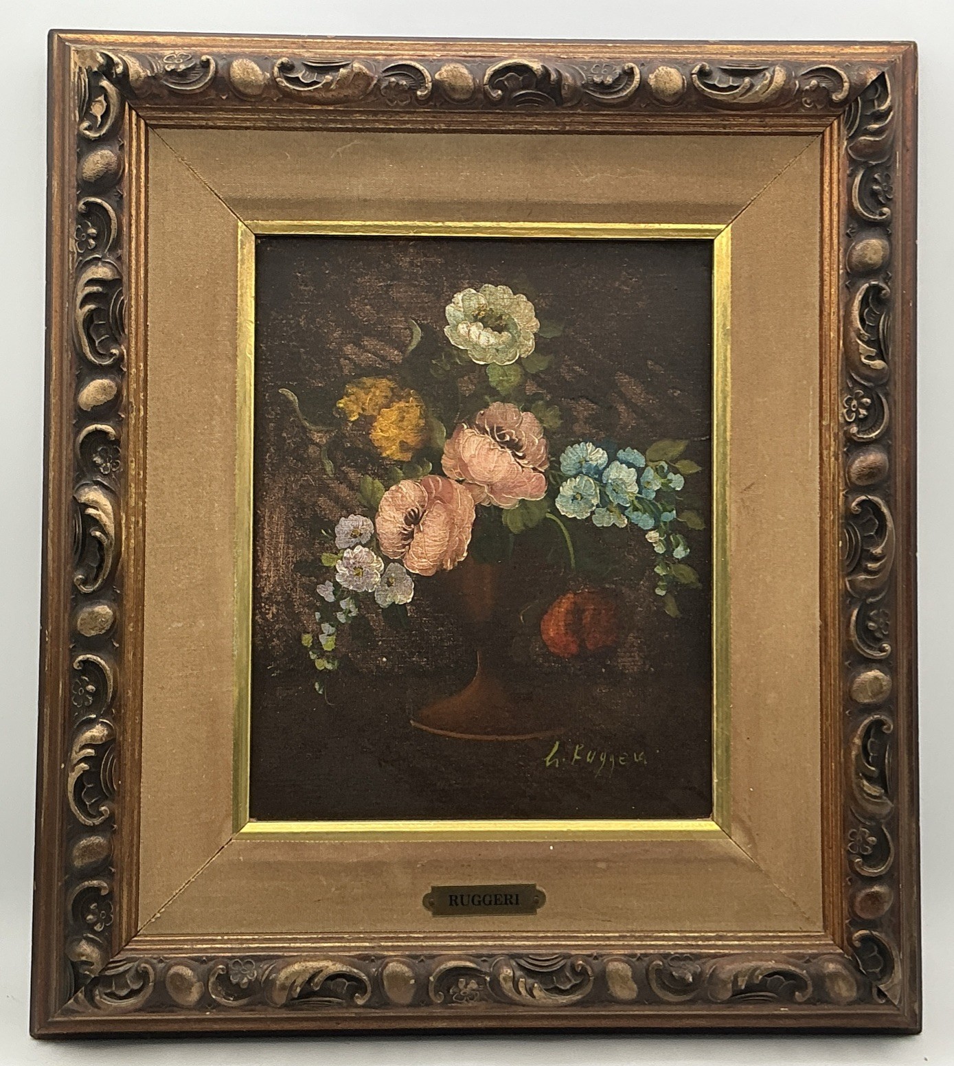 Vtg L. Ruggeri Floral Oil Painting Still Life Framed Turner Mfg Co Chicago 8×10