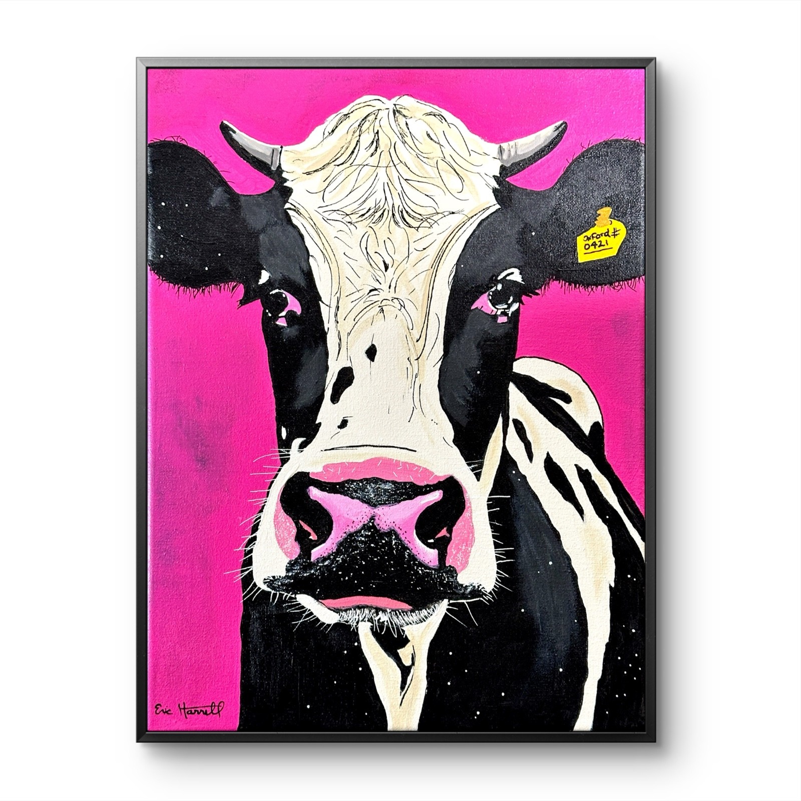 Original Cow 12×16 Canvas Bold Vivid Painting Signed Modern Pink Wall Art Decor