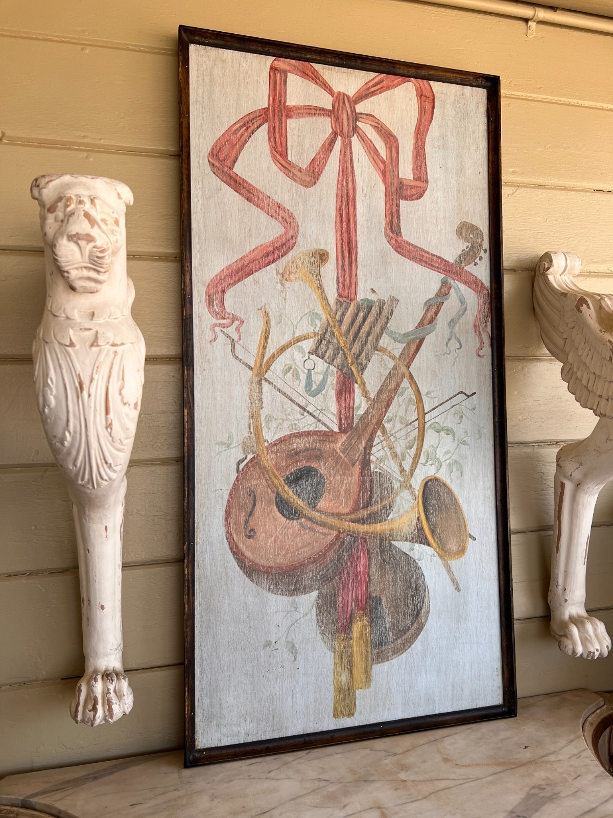 French Provincial Style Hand Painted Oil on Wood Large Trophy Painting Panel