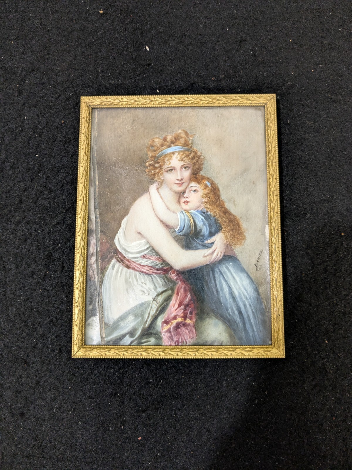 Antique Gouache Miniature Portrait Of Madame Vigee- Lebrun & Her Daughter 4×5.5