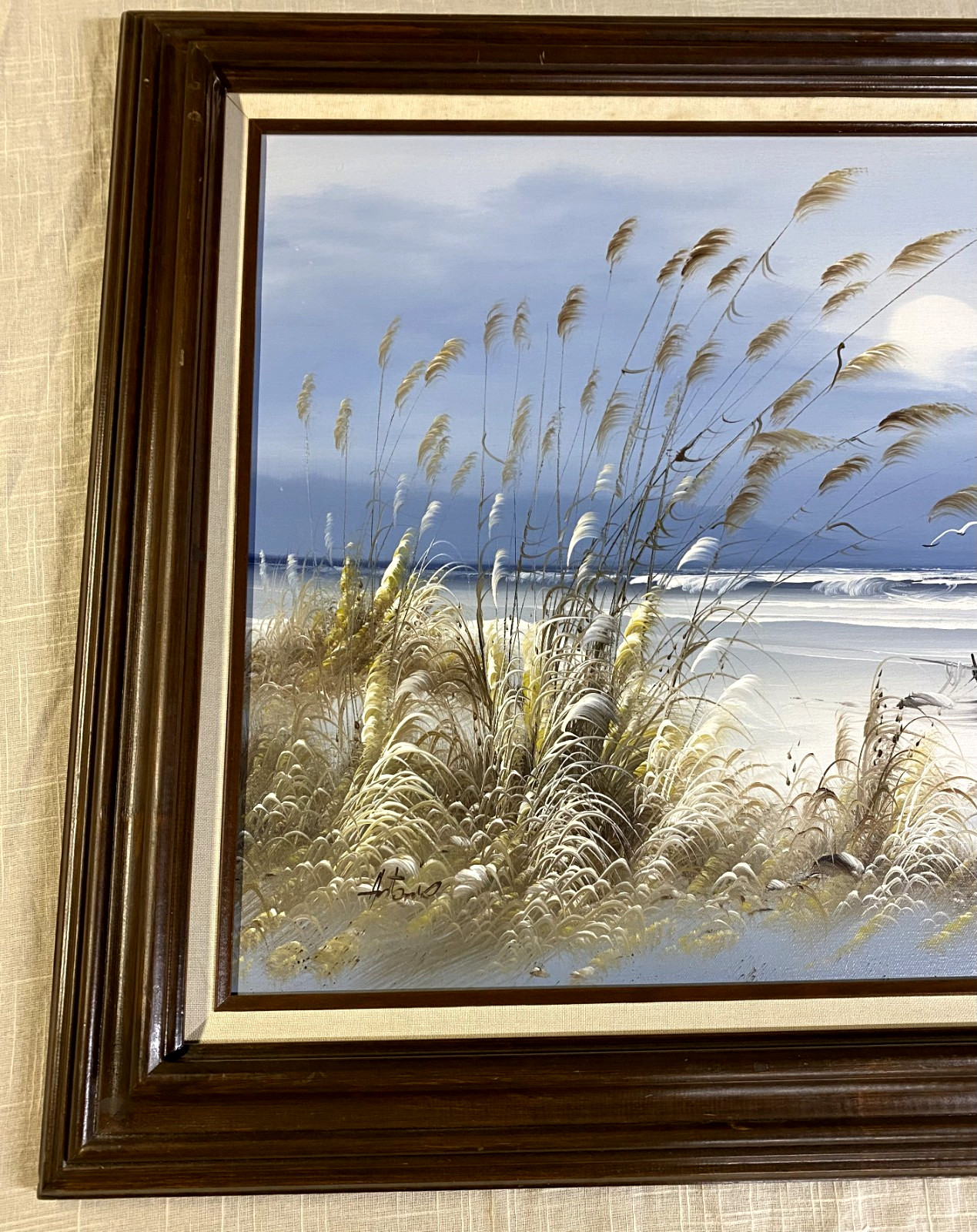 Vintage Painting Seashore Ocean Sandy Beach Landscape Original Art Framed 26×31