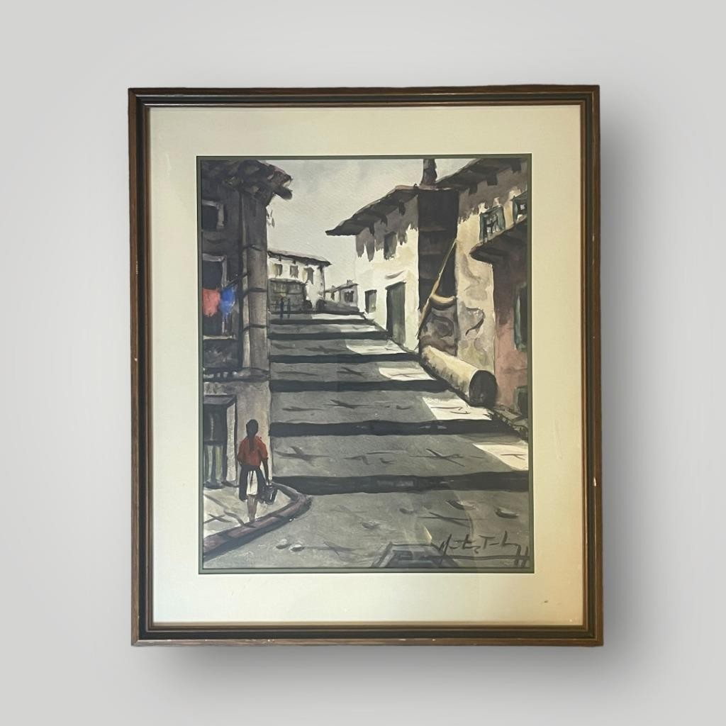 Watercolor Painting European Village Street Scene Architecture Framed Signed