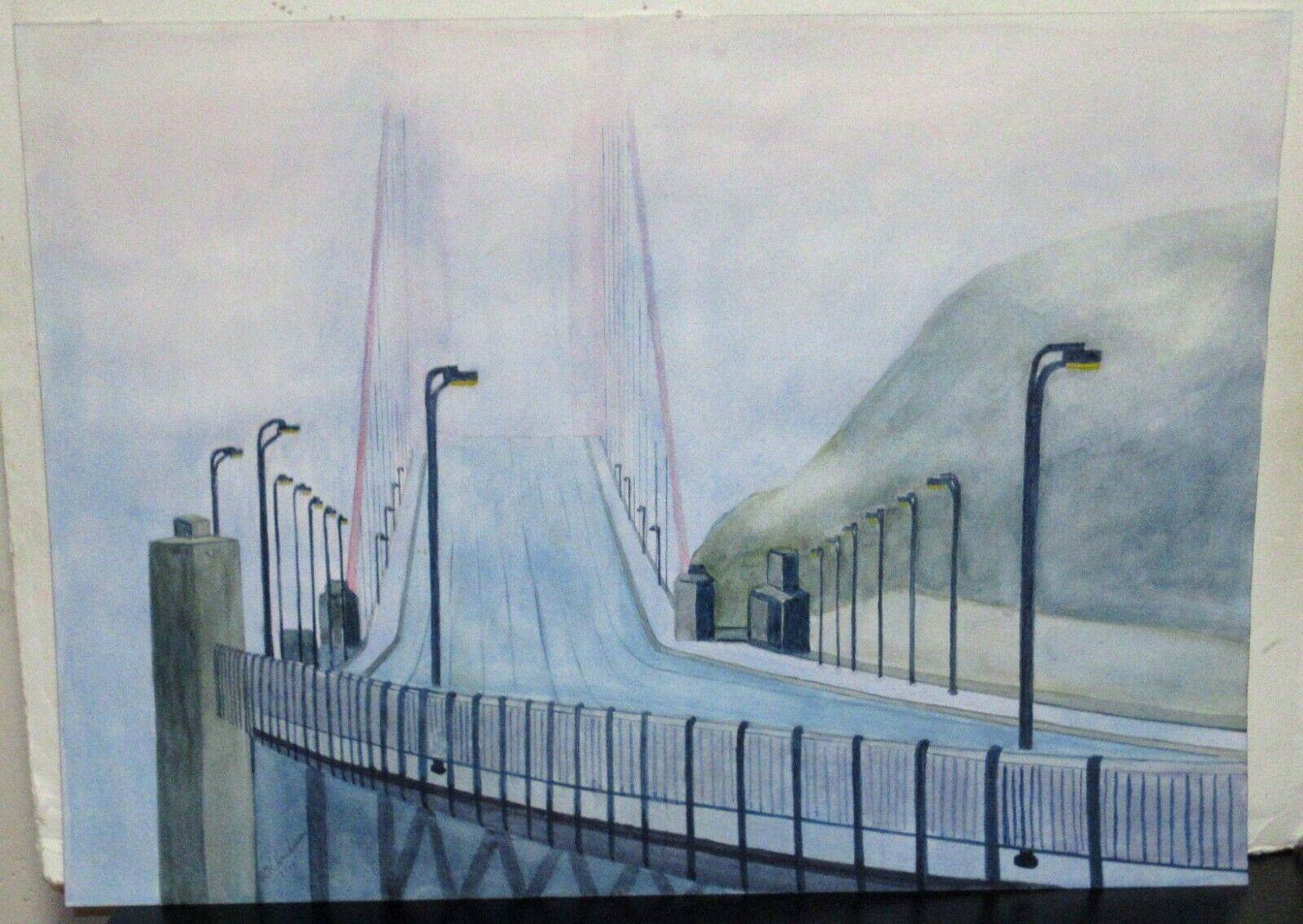 G L HENDERSON APPROACH TO GOLDEN GATE BRIDGE IN THE FOG WATERCOLOR PAINTING