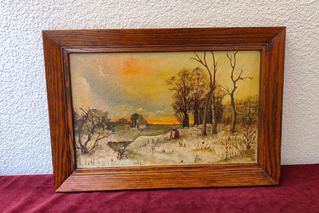 Antique Winter Landscape Oil Painting on Wood Panel – Sunset Snow Scene