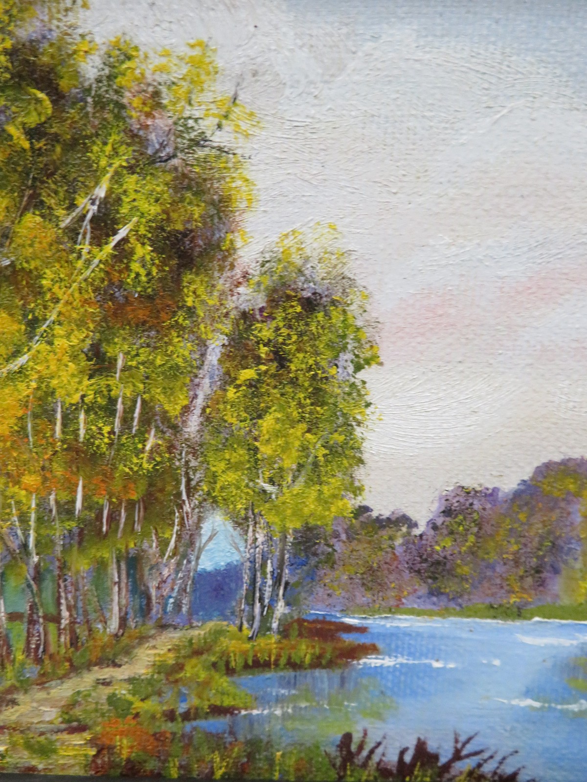 Original Acrylic Art Painting Signed Wood Frame Water Trees Autumn 7.5″ X 9.5″