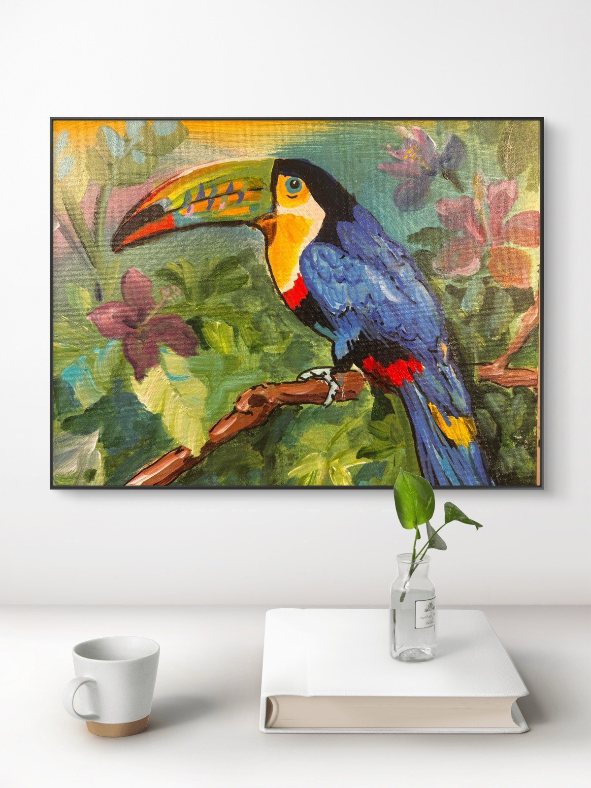 Original Expressionist Art 12×16 Toucan Signed Acrylic Canvas Vibrant Home Decor