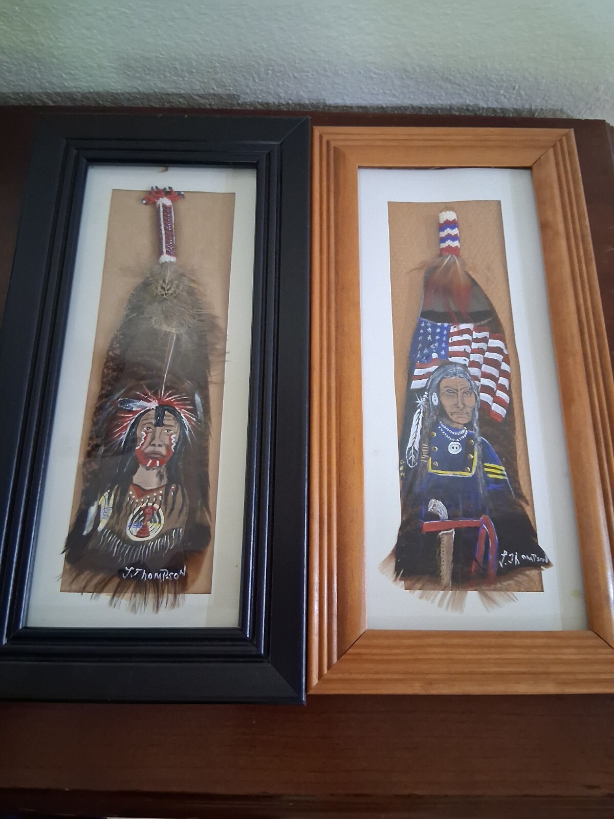 Framed indain painting on turkey feather Signed Lot of two