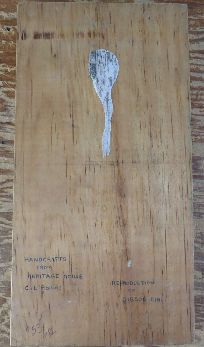 vtg Original Wood Burning painting Gibson Girl – 12.5″x6.75″x.75″ Rollins