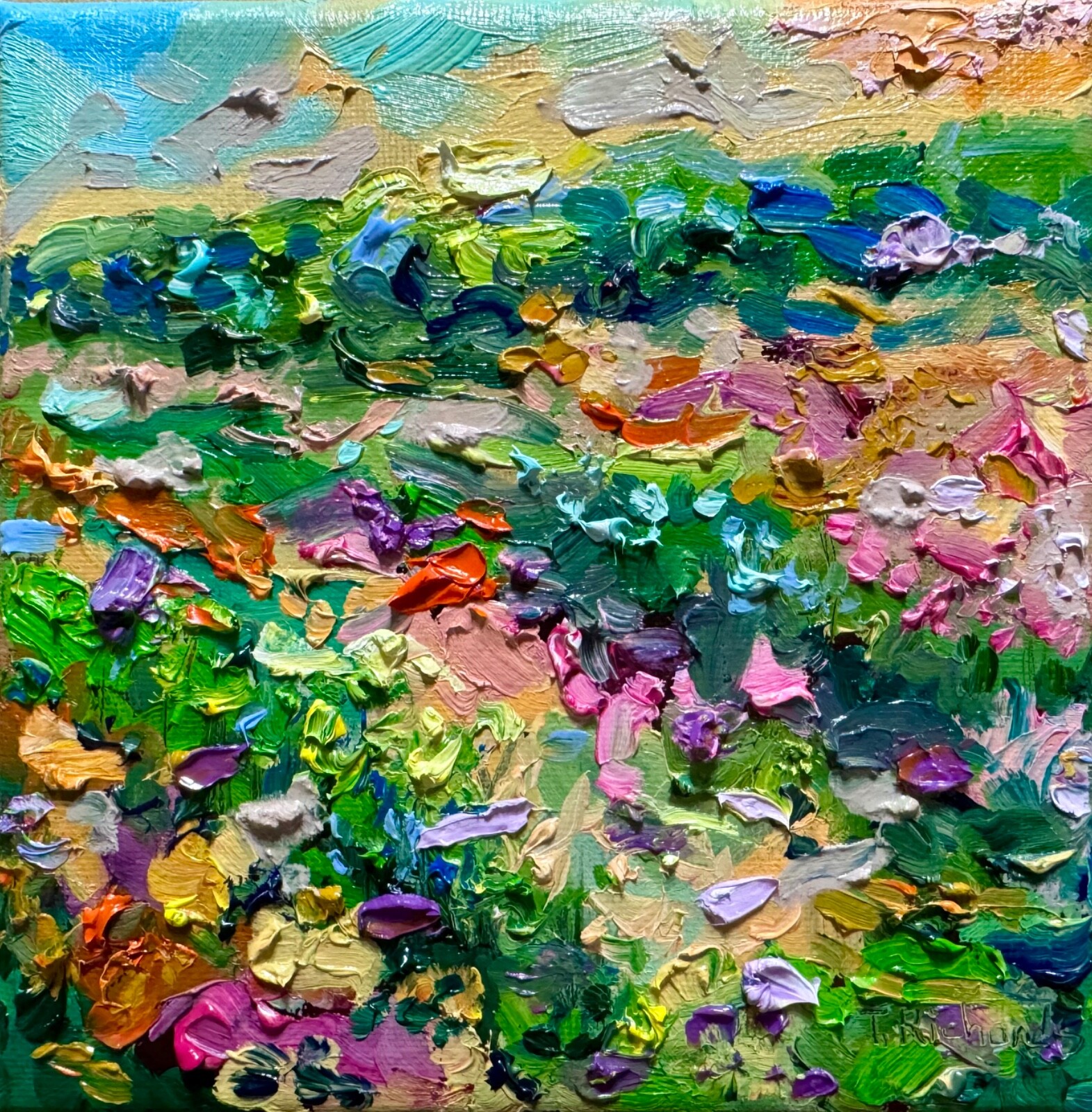 Wildflowers Oil painting ORIGINAL art Lupine floral field artwork Landscape 6×6″