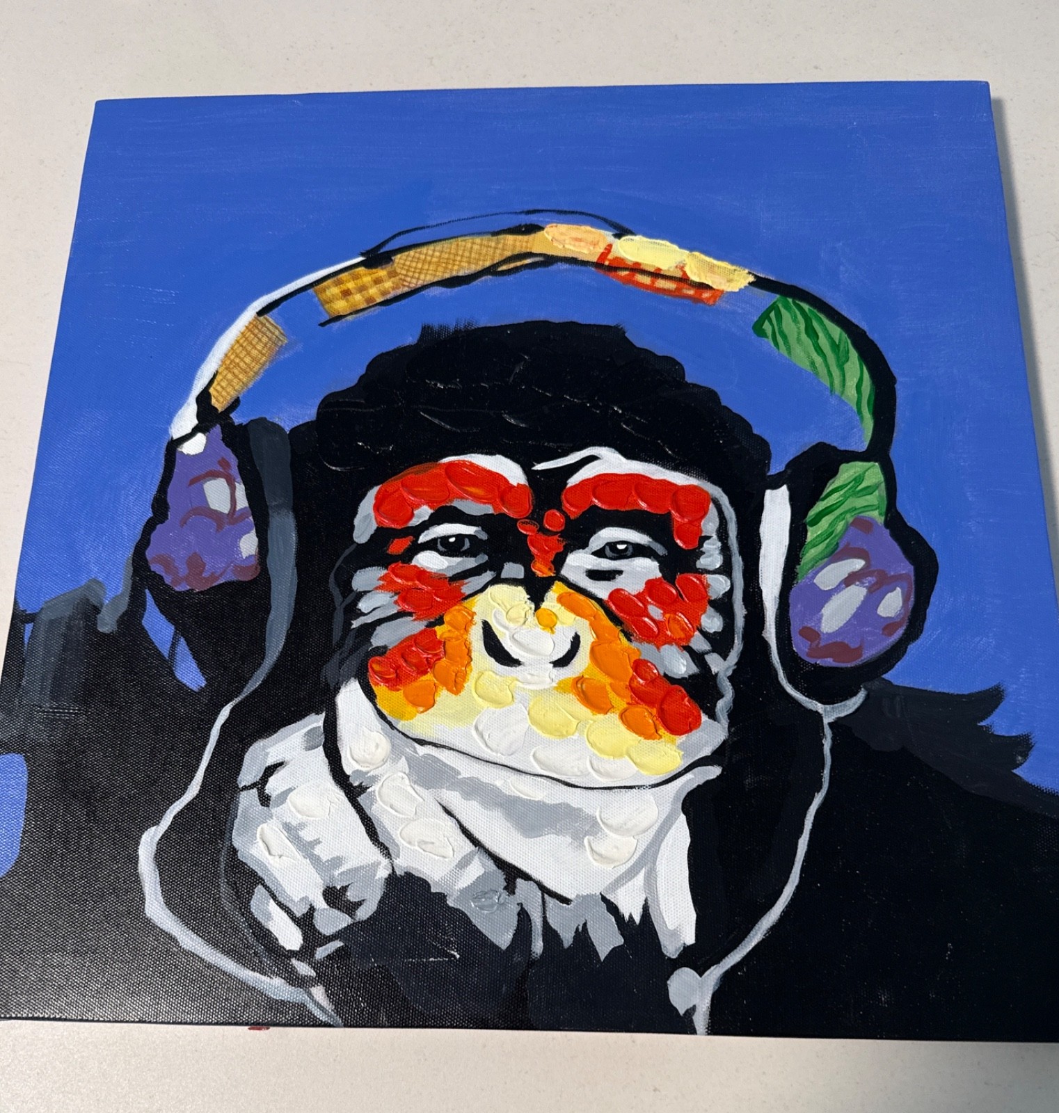Whimsical Monkey Chimp Headphones Painting Original Acrylic Pop Art 15.5″ Square