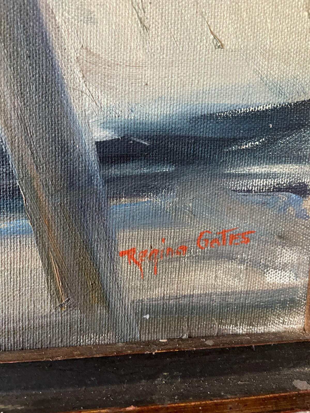 Regina Gates Signed Mid Century Modern Painting «At Work on the Nets» 32″ x 26″