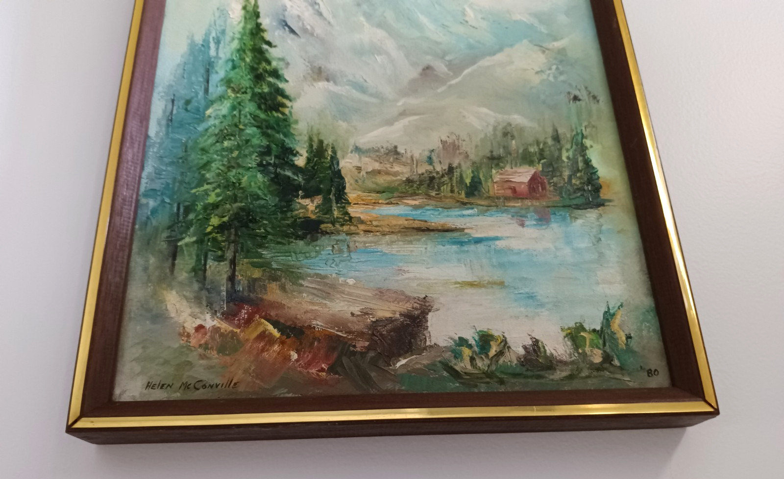 Vintage Original Oil Paintings Mountain Lake Cabin Landscape 1980 Signed Pair