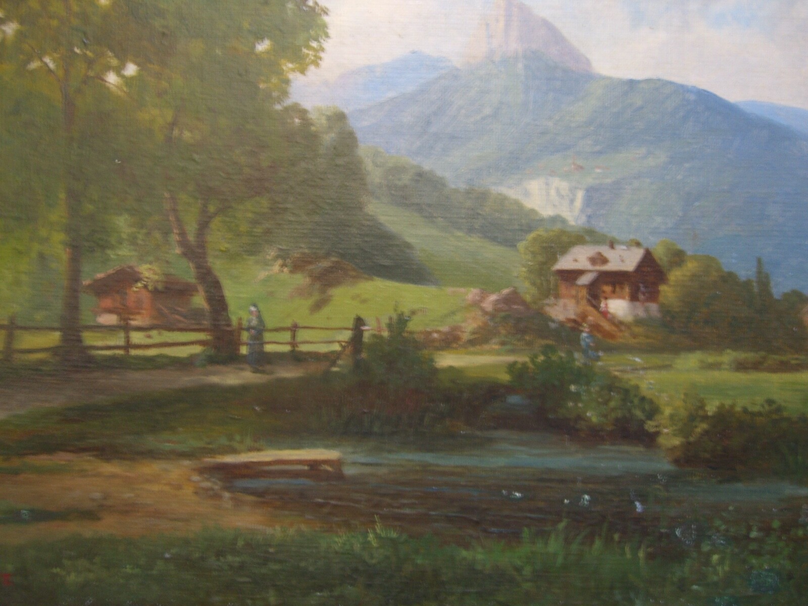 ::ROMANTIC CIRCA 1860 LANDSCAPE FOOTHILLS OF THE Alps oil painting antique frame signed miller