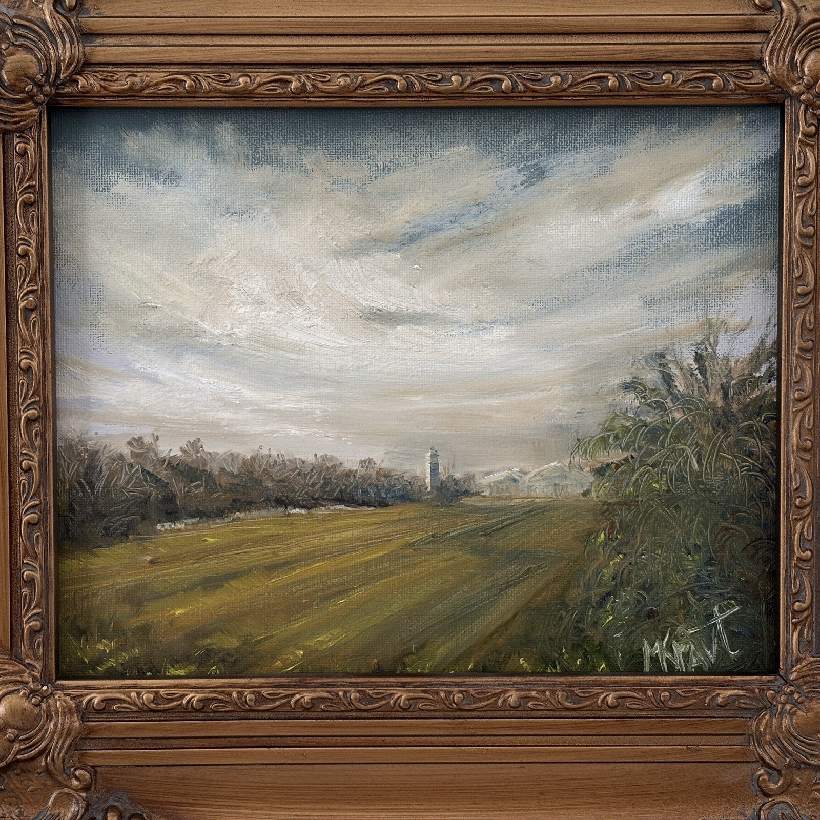 Original Rural Scene Tower Cloudy Landscape Painting Gold Antique Frame OAK Sign