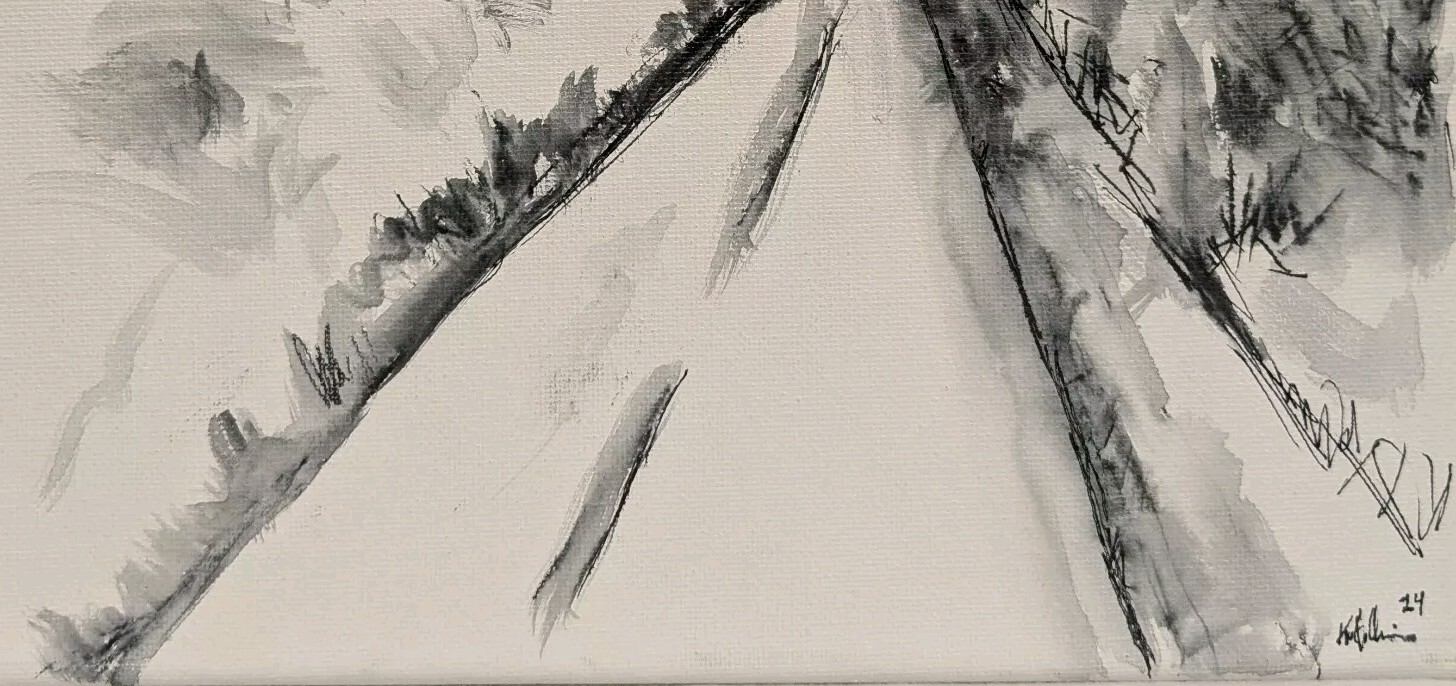 Original Abstract Minimal Ink Landscape Painting By K.A.Davis » Lonely Road «