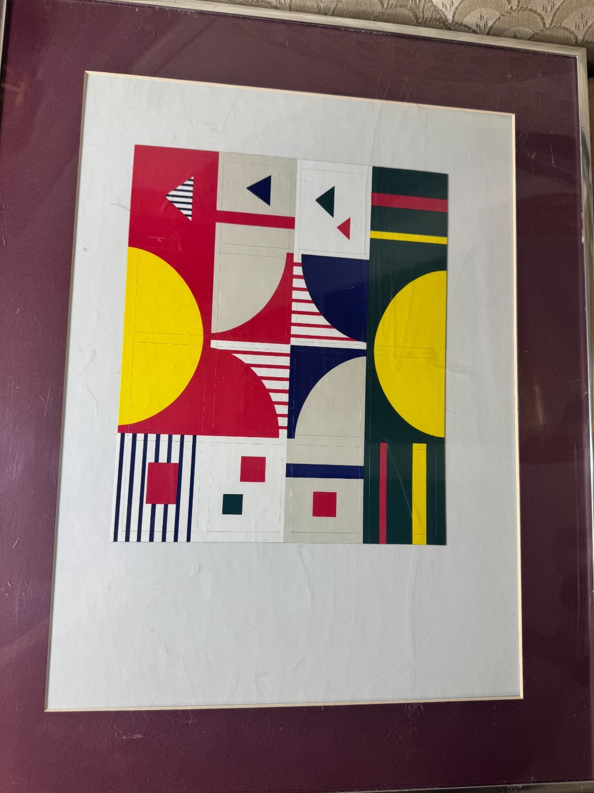 Vintage Geometric Abstract Mixed Media Composition Silver Tone Metal Framed