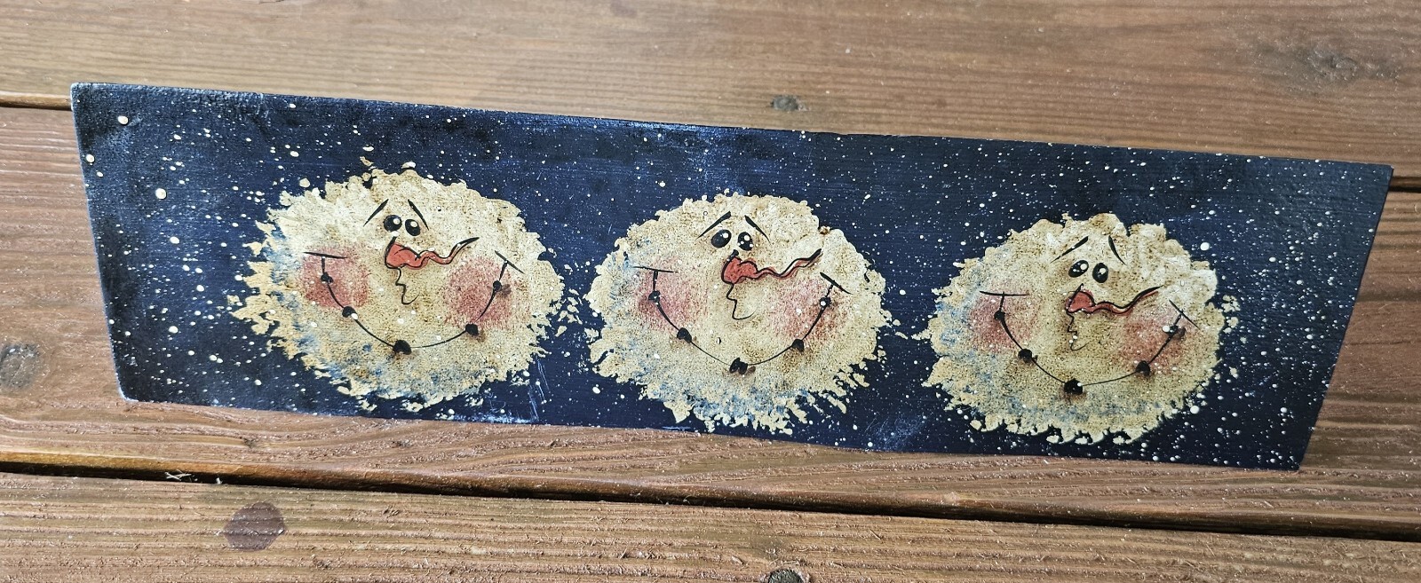 Handpainted Art 3 Snowmen On Blue Background On VTG Concrete Trowel Signed 14×4