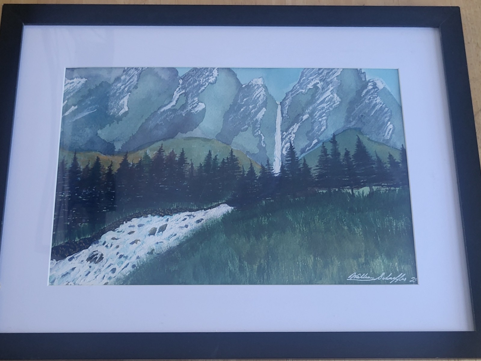Original William Schaeffer Watercolor Painting Mountain Rive Framed Signed 16×12