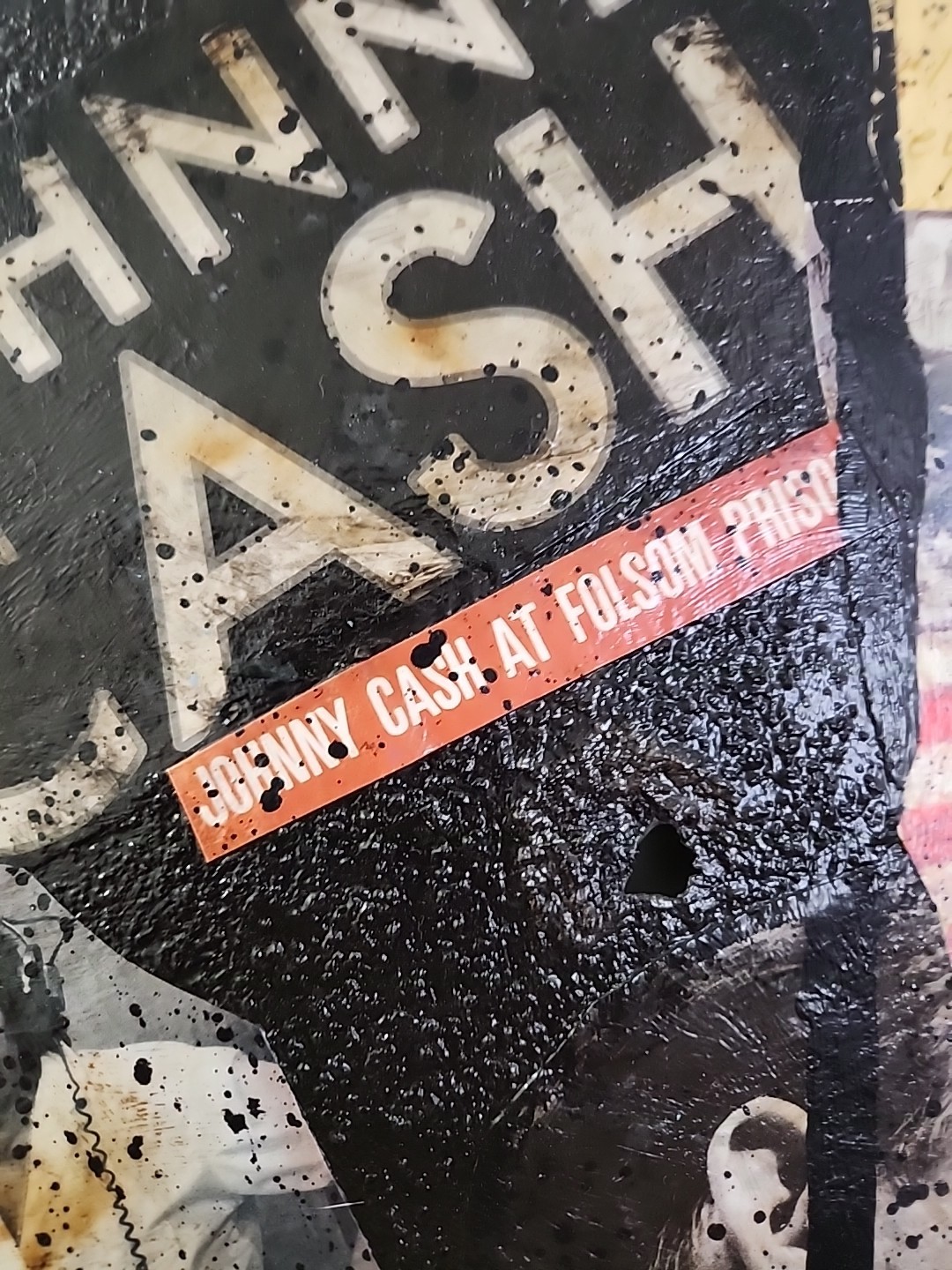 Large Johnny Cash Acrylic Paintin Collage Art. Heavily Textured & Burned! 16X20