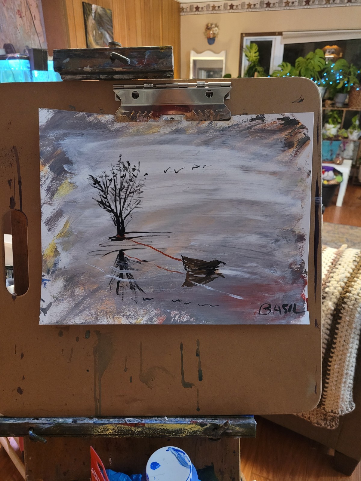 Original 11×14 Acrylic Landscape on Paper Lone Tree Boat Reflection Art.