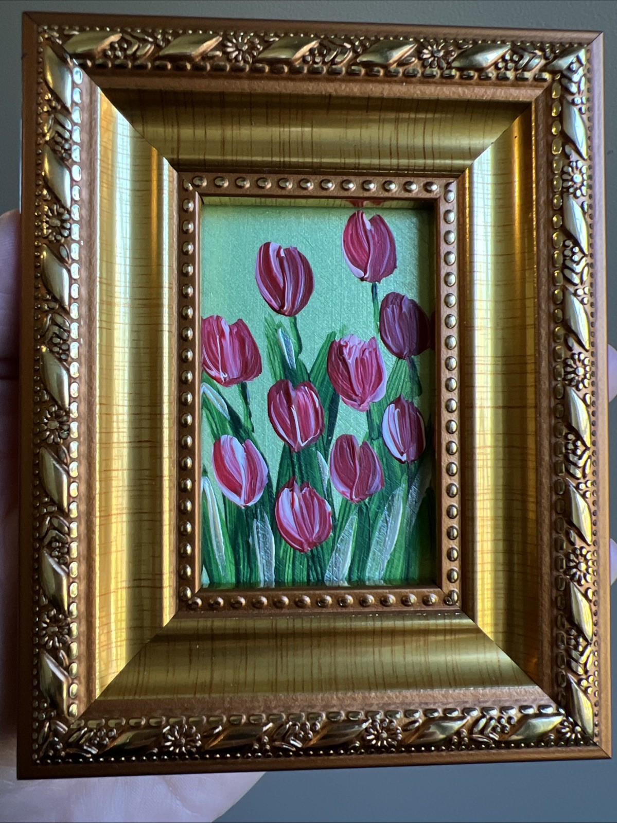 Red Tulips,flowers, original,miniature Painting,small,mini, Framed,wall Art #3