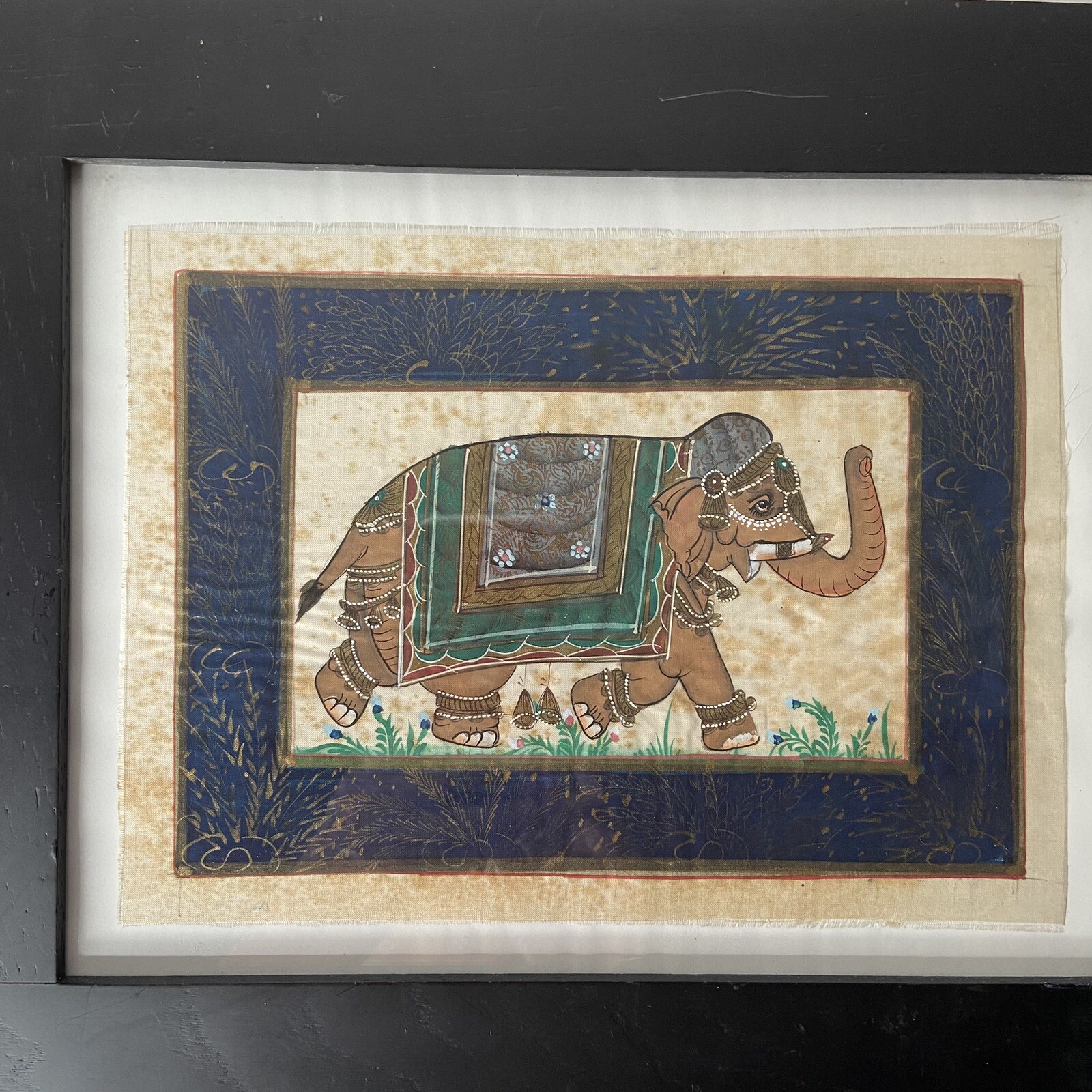 Vintage India Elephant Trunk Up Original Silk Painting on Fabric Hand Painted