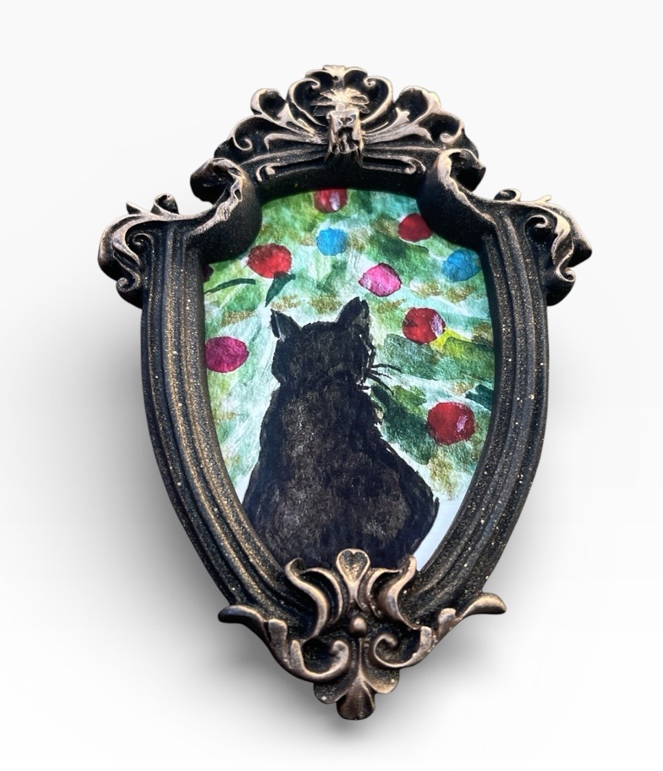Black Cat 🐈‍⬛ & Christmas Tree 🌲 miniature print in vintage style ornate frame