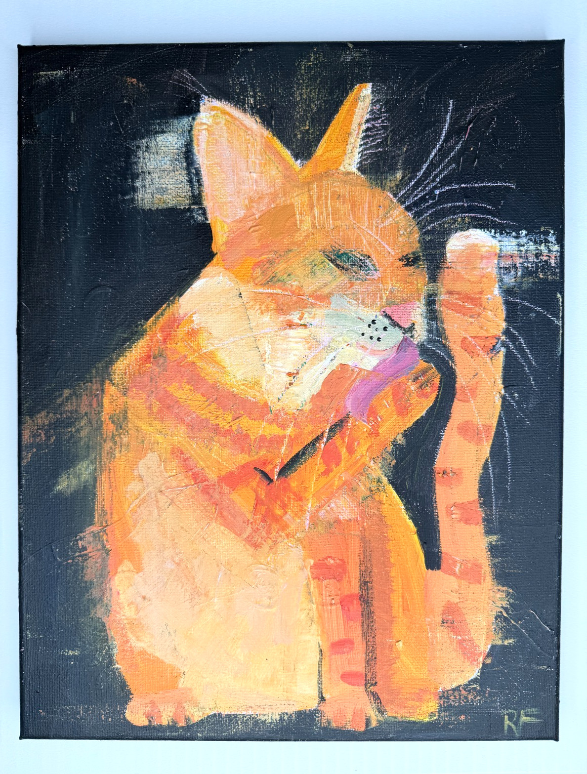 Orange Cat Painting Original Canvas 11×14 “Midnight Marmalade” Licking Paw