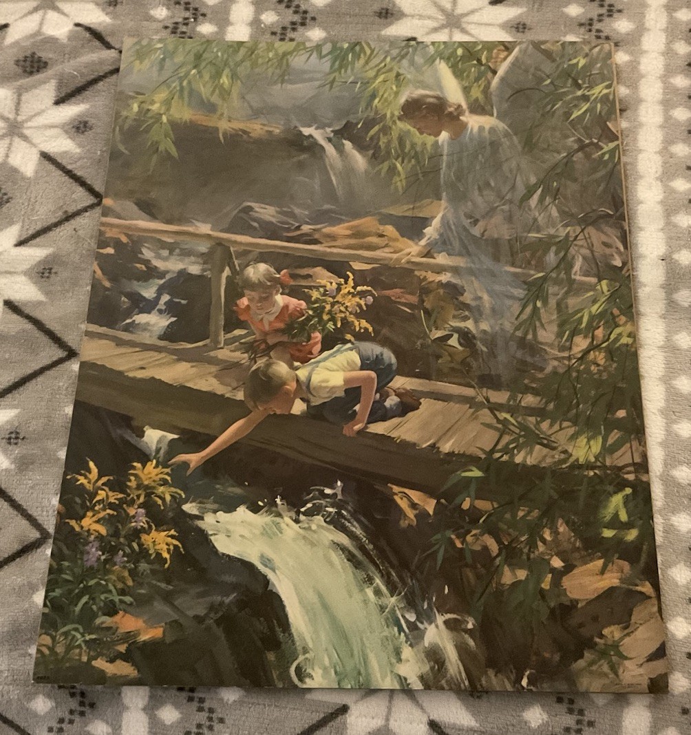 Vintage Religious Angel Protecting Children Litho Picture 16 X 20 Gorgeous!