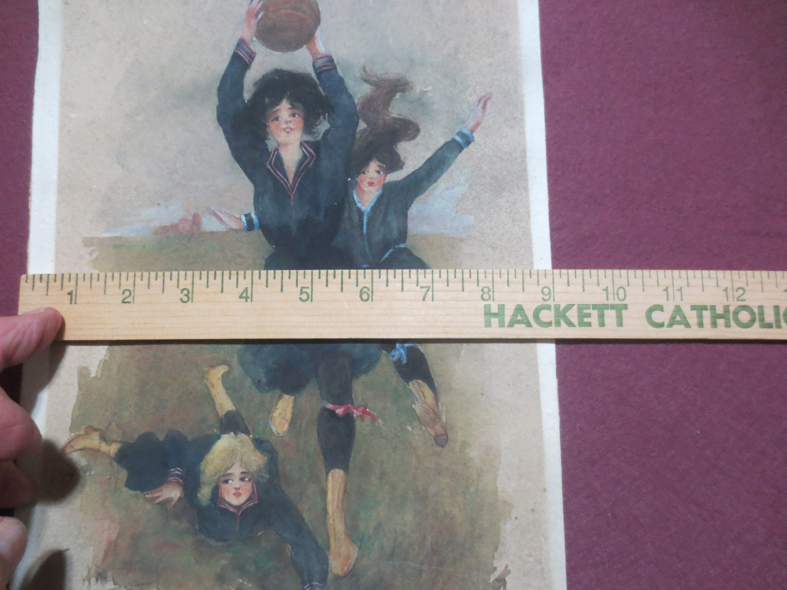 ORIGINAL SIGNED WATERCOLOR PAINTING «GIRLS PLAYING FOOTBALL/SOCCER» c1912 SPORTS