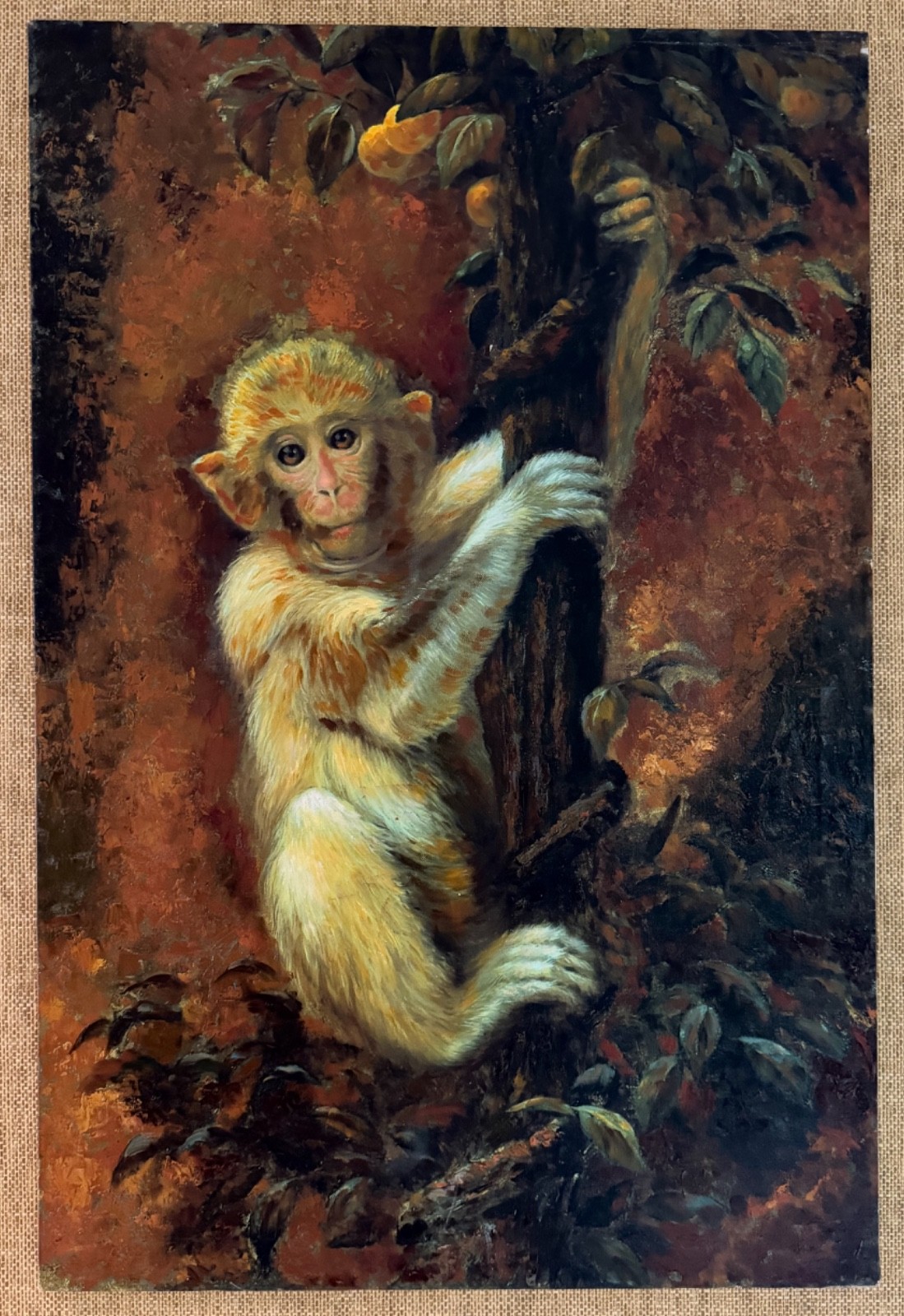 Vintage Monkey Primate Tree Acrylic Painting Modern Art Wall Hanging 24″ x 36″