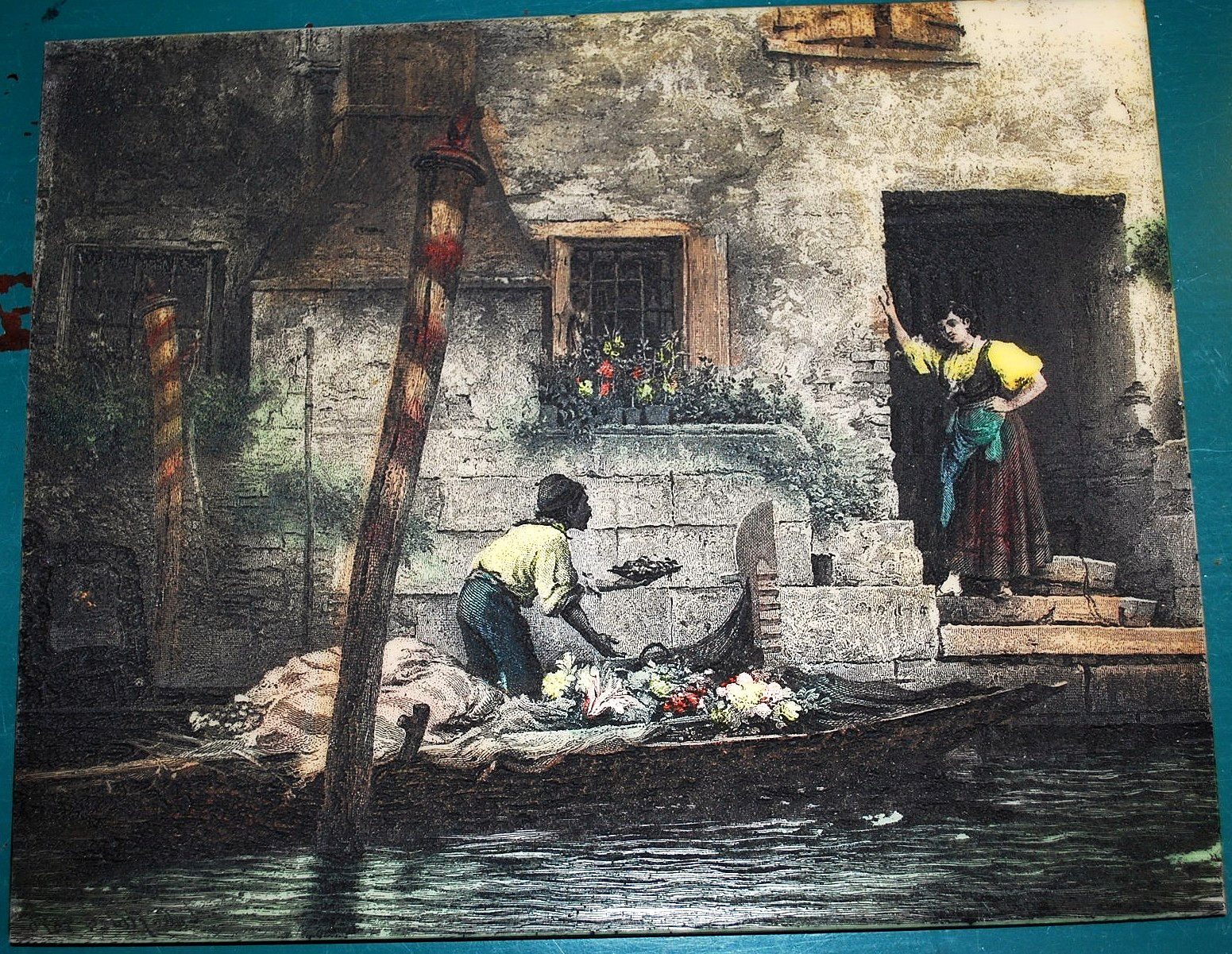 RARE Lithopane Hand Colored PAINTED ENGRAVING Luke Fildes VENETIAN FRUIT SELLER
