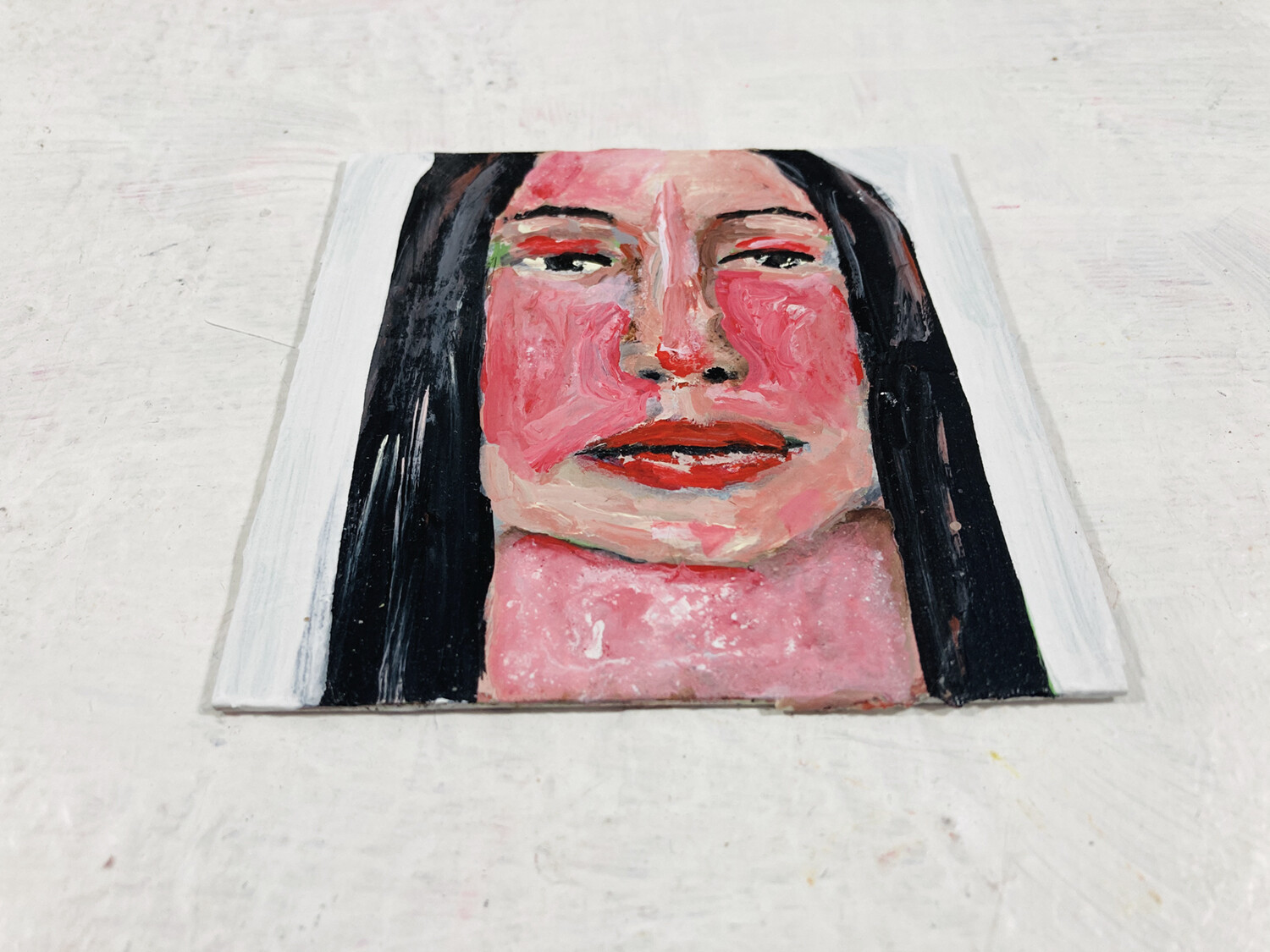 Original Miniature Wistful Woman Portrait Painting Outsider Wall Art Miz Katie
