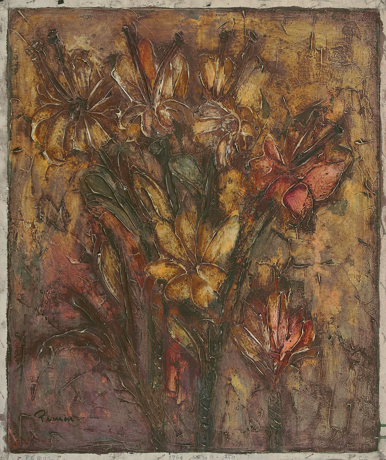 PEMAR SIGNED Vtg c1967 Original Oil/Unstretched Canvas Painting FLORAL/BOTANICAL