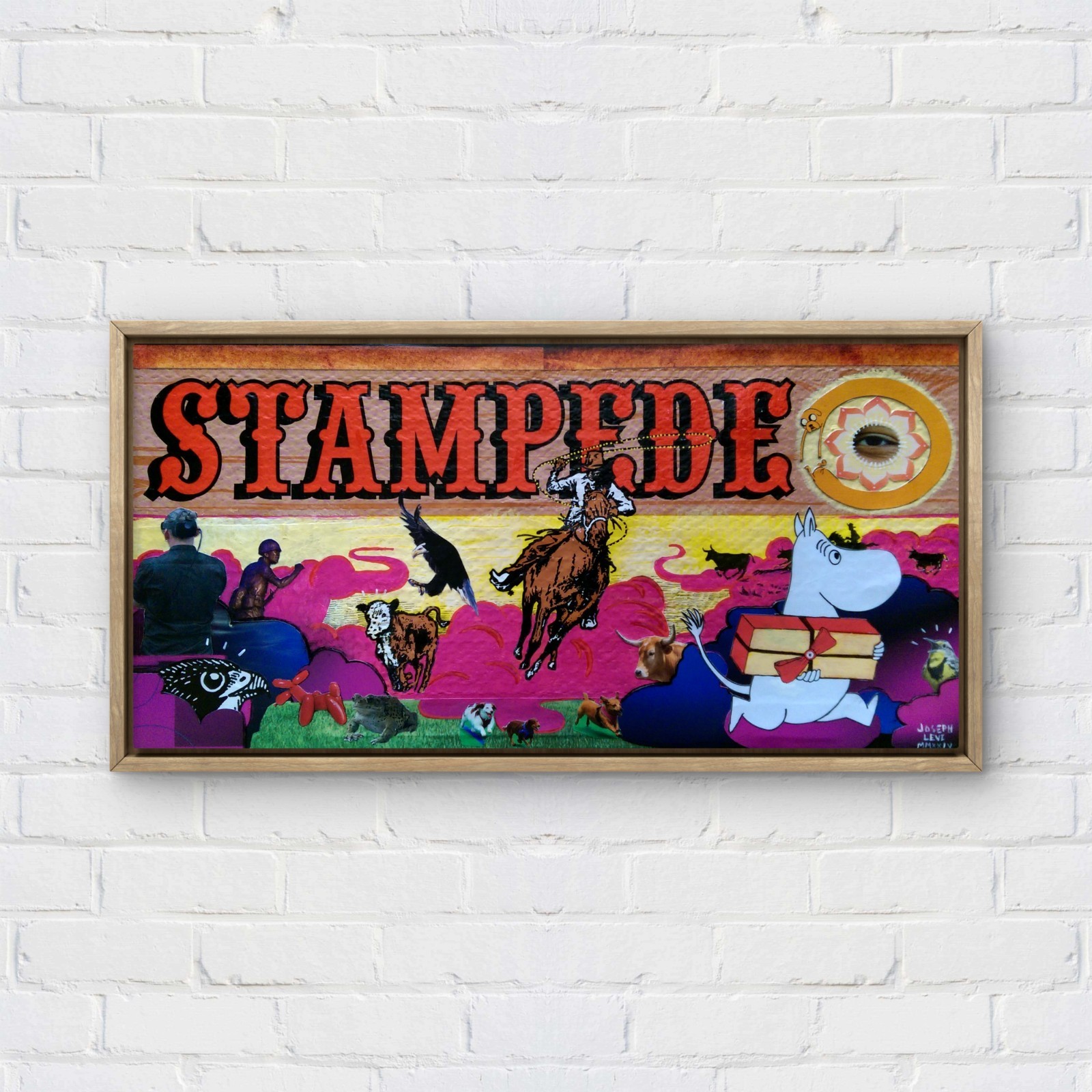 Colorful Modern Art Stampede Collage Moomin 16×8 Original Mixed Media on Canvas