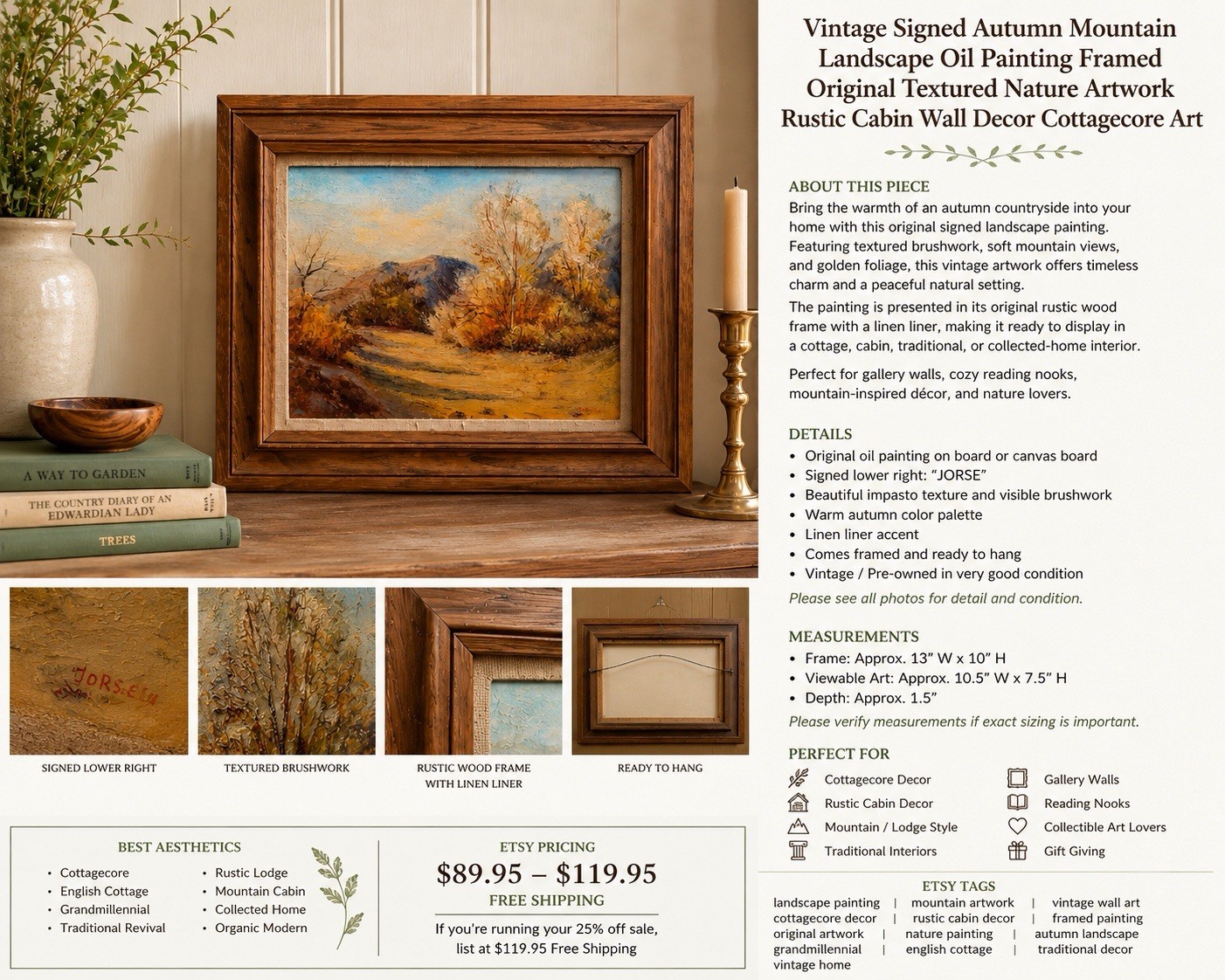 Vintage Signed Autumn Mountain Landscape Oil Painting Framed Rustic Cabin Art