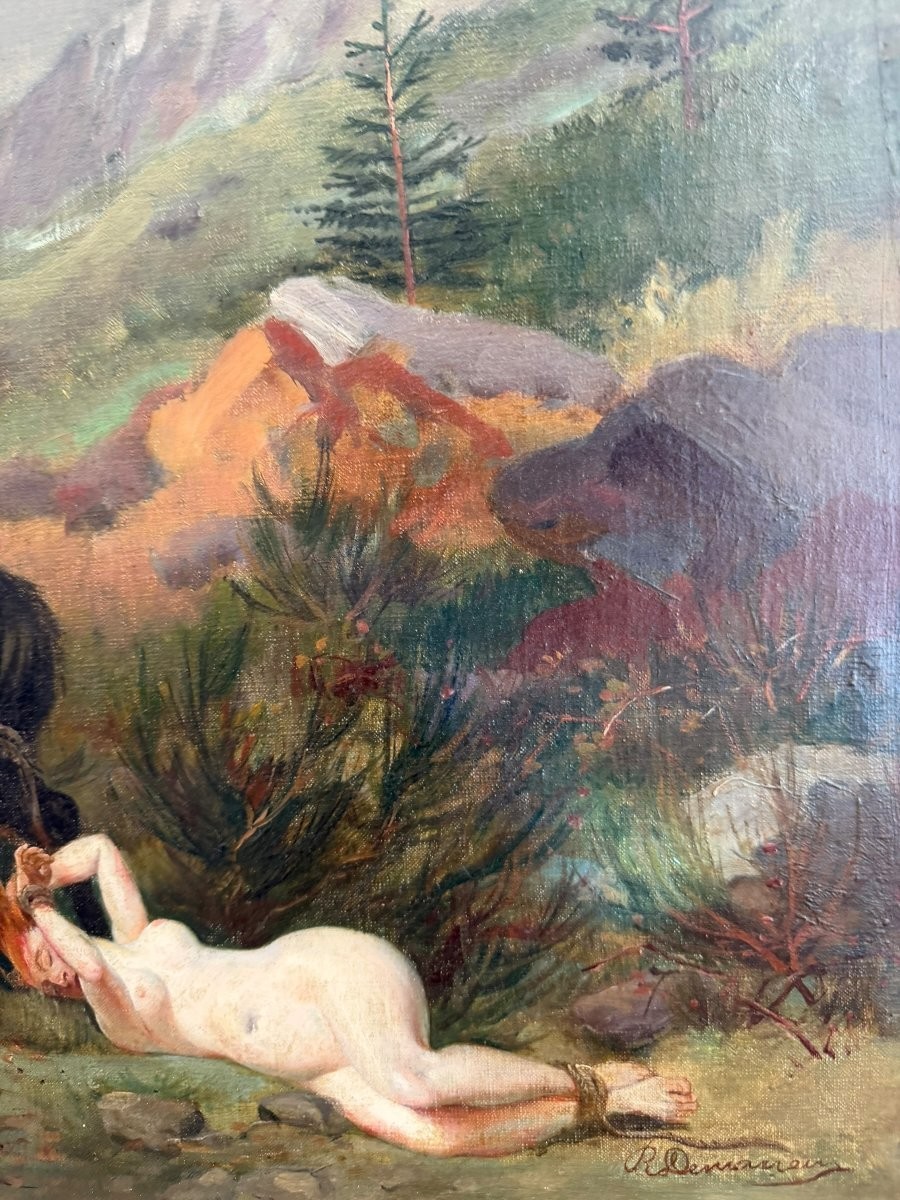 Antique Painting Oil Canvas Woman Frame Wood Nude Horse Decor Queen Brunehaut