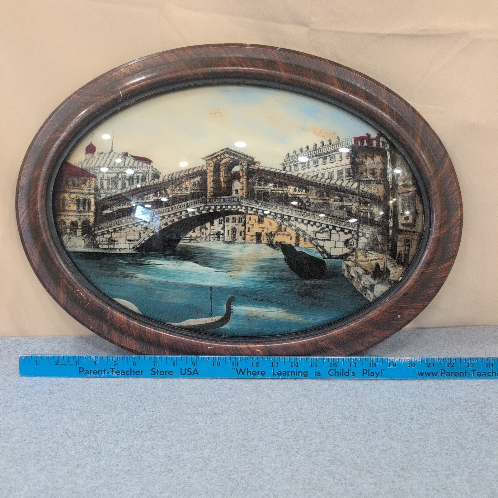 Antique Reverse Glass Scene Rialto Bridge Venice Italy Bubble Glass Oval Frame