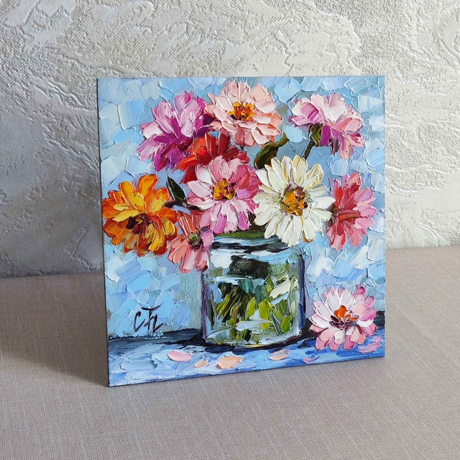 original oil painting Zinnia Colorful Flowers Vase impasto Floral art 6*6 in