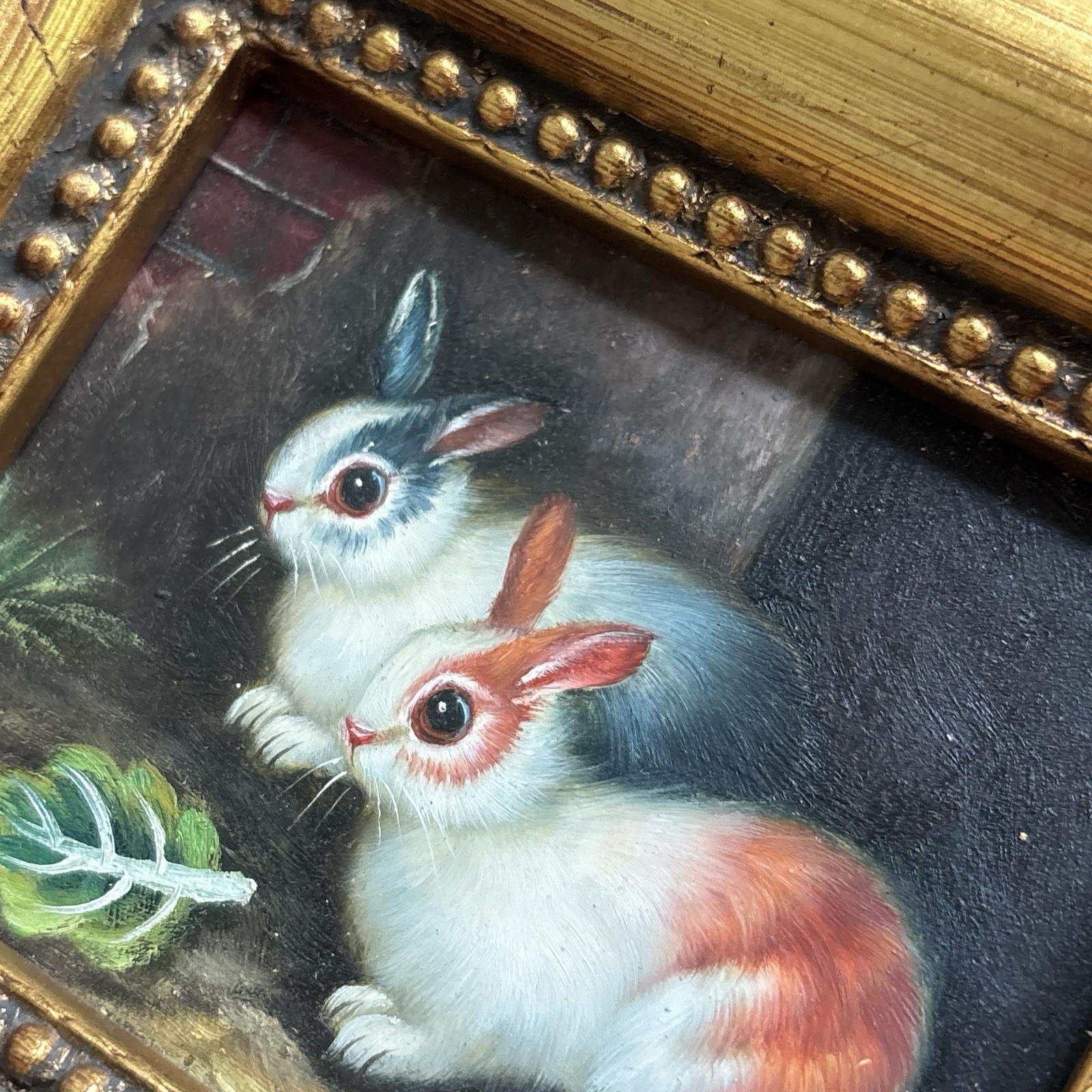 Vintage Bunny Rabbit Painting Gold Frame Ornate French Country Style Florentine