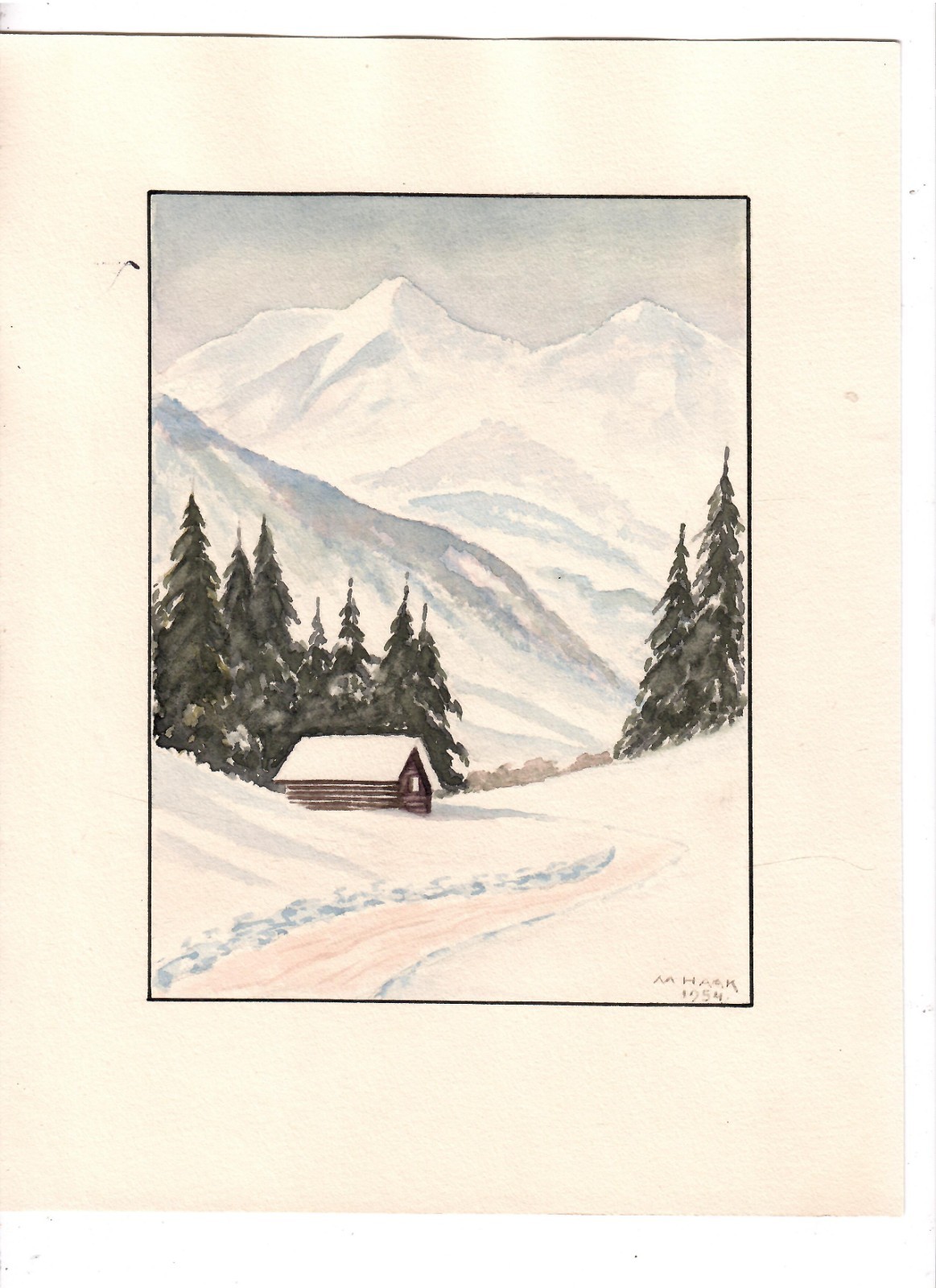 St1-watercolor M. Haak signed Winter Landscape in the Mountains 1954