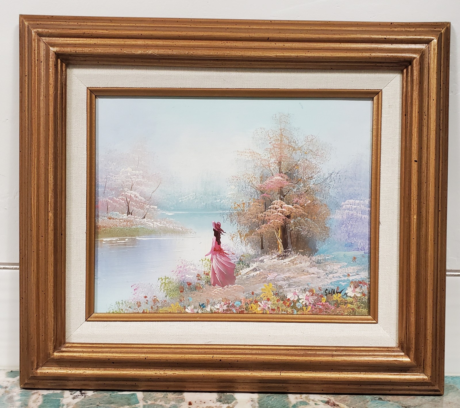 Original Oil On Board Woman Lakeside Impressionist Landscape Painting By Shaw