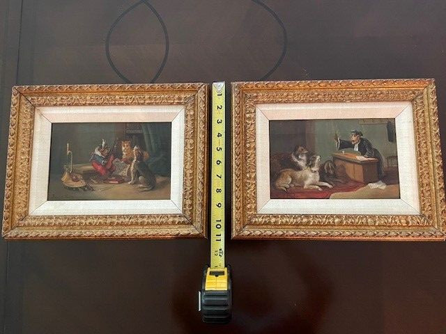 Early Oil Painting Pair, Monkey & Dogs – Animal Antics, Signed