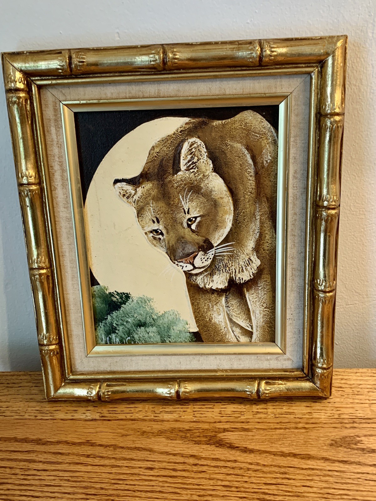 Frank walcott Oil Painting Mountain Lion VTG Wood 70 80 Bamboo Gold Frame Signed