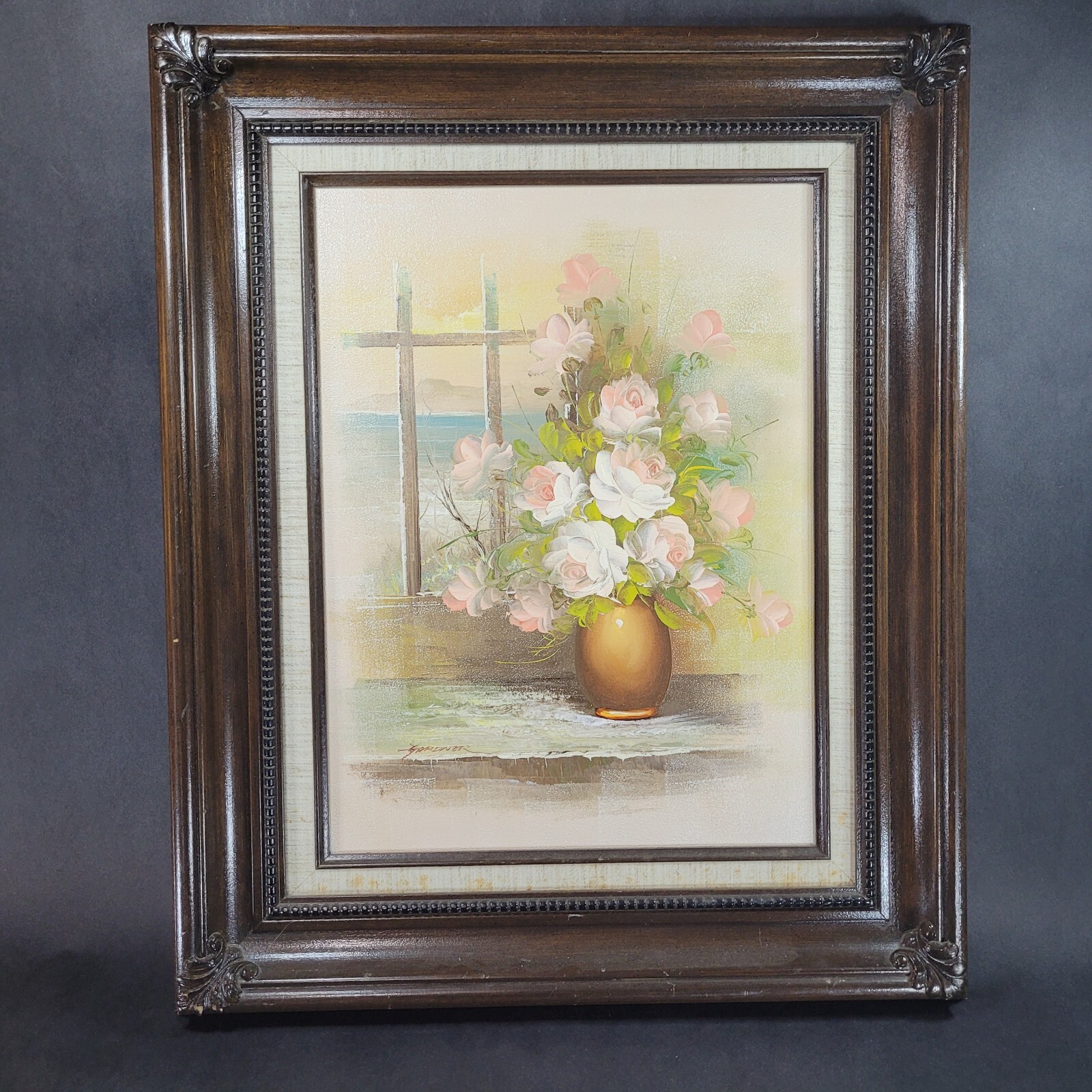 Original Painting Pink Roses in Vase in Wood Frame Signed By Artist 22 x 18