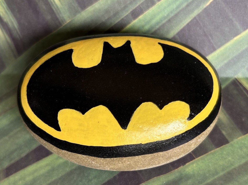 Batman Logo Hand Painted cat Rock Painting Art Gift Comic birthday Action Hero