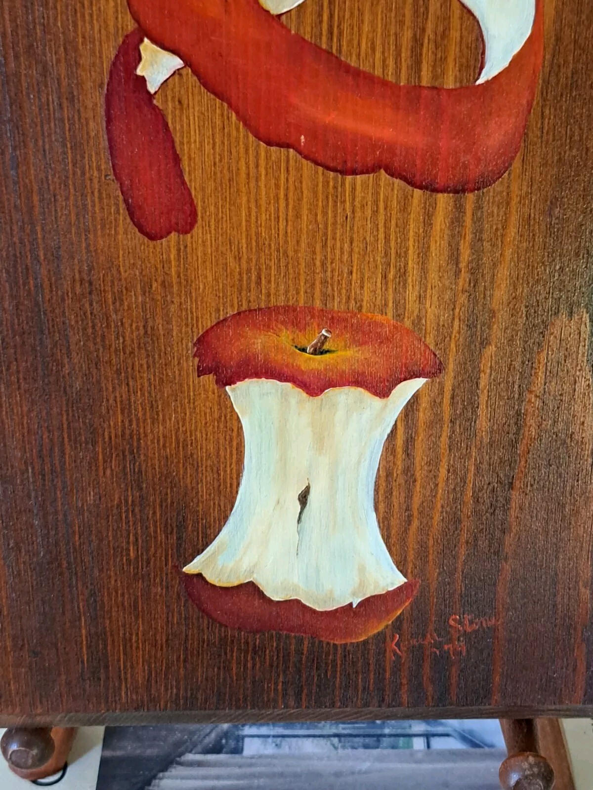 Primitive Style Original Painting On Wood Board Apple Stages Karen Stone 1974