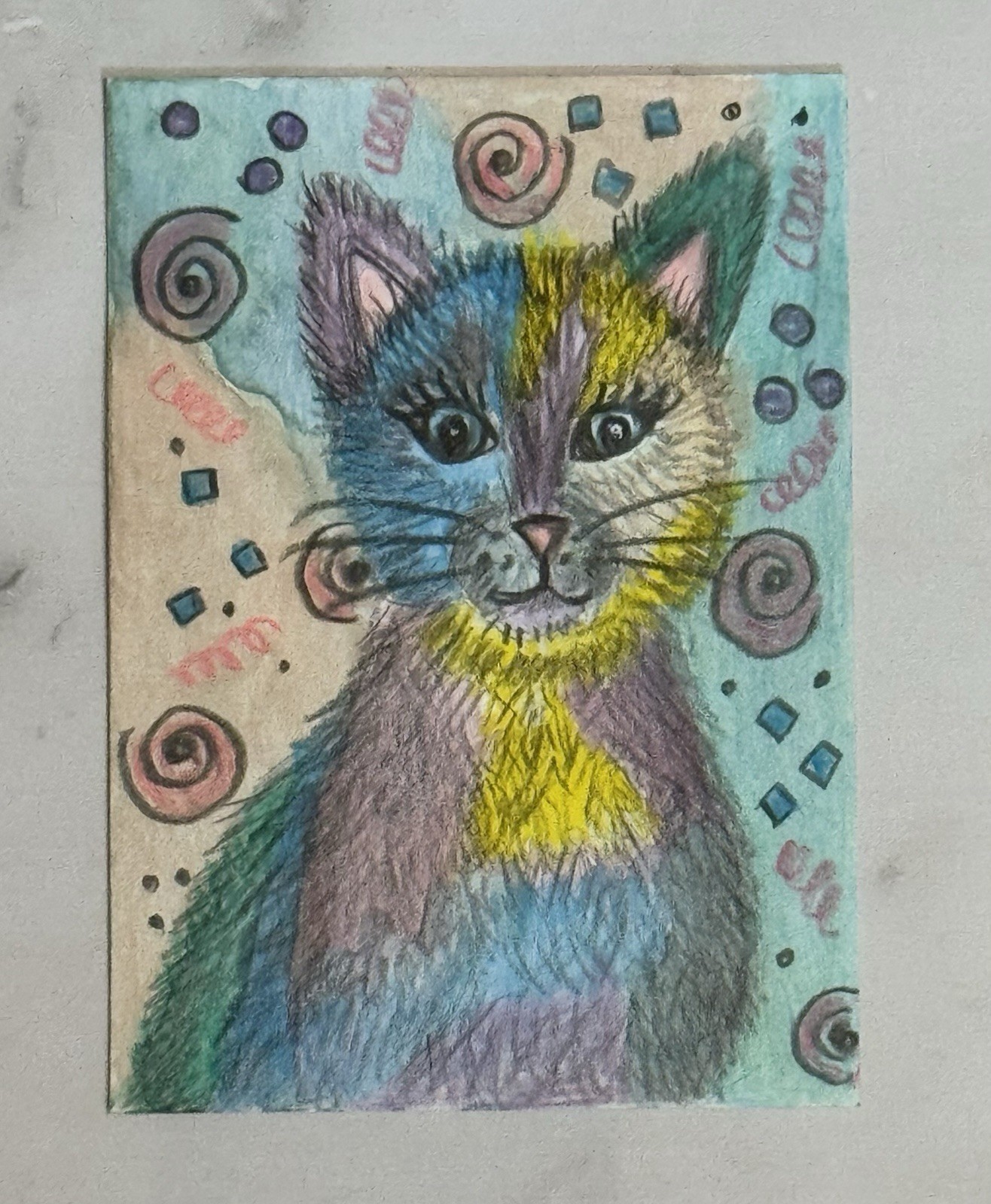 Aceo Original Art Trading Card, pastel happy colored cat, By Sommer Rayn